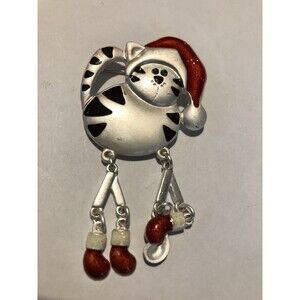 Vintage Enamel Cat w/ Dangling Legs Christmas Brooch Pin Signed NR